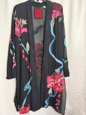Modern Mito by Chico's Semi Sheer Silk Embroidered Floral Duster Cardigan M/L